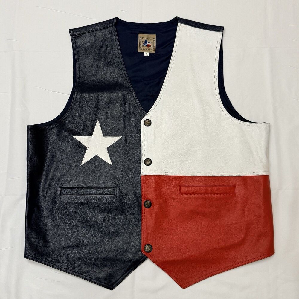 Don't Mess With Texas Embroidered Lone Star Flag Emblem Men’s XL Leather Vest